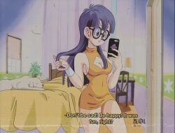 Rule 34 | 1990s (style), 1girl, 2022, aged up, anime coloring, bed, blujul, breasts, cellphone, chair, cleavage, cleavage cutout, clothing cutout, commentary, covered navel, curtains, dog, dr. slump, dress, english commentary, english text, film grain, glasses, hand in own hair, holding, holding phone, medium breasts, norimaki arale, official style, phone, purple eyes, purple hair, retro artstyle, short dress, sideboob, signature, smartphone, subtitled, table, turtleneck, turtleneck dress, wristband, yellow dress