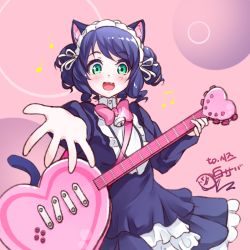Rule 34 | 10s, 1girl, animal ears, bad id, bad pixiv id, beamed quavers, blush, bow, cat ears, cat tail, cyan (show by rock!!), green eyes, guitar, highres, instrument, looking at viewer, musical note, open mouth, shirosaba47, short hair, show by rock!!, smile, solo, strawberry heart (show by rock!!), tail