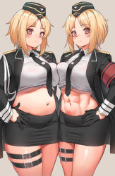 Rule 34 | 2girls, abs, absurdres, armband, blonde hair, blush, breast press, breasts, brown eyes, crop top, dual persona, girls&#039; frontline, gloves, highres, large breasts, looking at viewer, medium breasts, military, military uniform, mp40 (girls&#039; frontline), multiple girls, navel, necktie, plump, short hair, skirt, smile, standing, stomach, thigh strap, toryu fufu, uniform