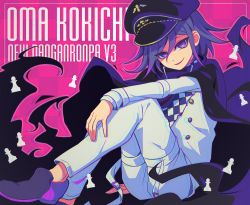 Rule 34 | 1boy, black footwear, black hat, black scarf, blue hair, buttons, cape, character name, checkered clothes, checkered neckwear, checkered scarf, chess piece, commentary request, danganronpa (series), danganronpa v3: killing harmony, hair between eyes, hat, knees up, long sleeves, looking at viewer, male focus, oma kokichi, open mouth, pants, parted lips, peaked cap, pink background, purple cape, purple eyes, purple footwear, sasakama (sasagaki01), scarf, shoes, smile, solo, torn cape, torn clothes, white pants, white scarf