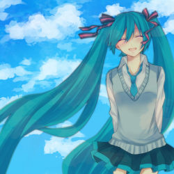 Rule 34 | 1girl, aqua hair, arms behind back, bad id, bad pixiv id, day, closed eyes, hatsune miku, long hair, mou-nanimo, necktie, skirt, sky, smile, solo, twintails, very long hair, vocaloid