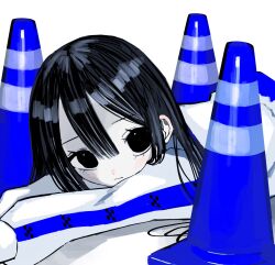 Rule 34 | 1girl, black eyes, black hair, blue theme, closed mouth, commentary, hair between eyes, highres, jacket, light blush, limited palette, long hair, long sleeves, looking at viewer, lying, on stomach, original, simple background, solo, straight hair, traffic cone, upper body, urokogaran, white background, white jacket