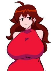 Rule 34 | 1girl, ahoge, arms behind back, bare shoulders, black eyes, breasts, brown hair, collarbone, cowboy shot, dress, friday night funkin&#039;, girlfriend (friday night funkin&#039;), highres, huge breasts, looking to the side, momijizx, red dress, smug, solo, standing, thick thighs, thighs, white background