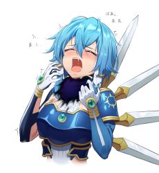 Rule 34 | 1girl, armor, blue hair, blush, breastplate, commentary request, earrings, elbow gloves, gem, gloves, hair between eyes, hair ornament, hands up, highres, holiday (pangjelly), jewelry, magic, open mouth, ryona, saliva, short hair, shoulder armor, simple background, sinon, sinon (solus), solo, strangling, sword art online, sword art online: alicization, teeth, translation request, upper body, upper teeth only, white background, white gloves