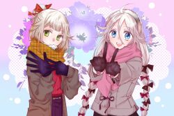 Rule 34 | 2girls, ahoge, alternate costume, alternate hairstyle, anniversary, black bow, blue eyes, blue flower, bow, braid, brown cardigan, brown coat, cardigan, cevio, coat, commentary request, cowboy shot, enpera, finger counting, floral background, flower, gloves, gradient background, gradient hair, green eyes, grey hair, hair between eyes, hair bow, hair bun, hair ornament, hair ribbon, hairband, halftone, halftone background, highres, ia (vocaloid), kusonoki, light blush, long hair, long sleeves, looking at viewer, low twin braids, multicolored hair, multiple girls, multiple hair bows, one (cevio), open cardigan, open clothes, open mouth, pink gloves, pink scarf, plaid, plaid scarf, pleated skirt, pom pom (clothes), pom pom hair ornament, purple flower, purple gloves, purple skirt, red bow, red ribbon, red sweater, ribbed sweater, ribbon, scarf, short hair, siblings, single hair bun, sisters, skirt, smile, standing, sweater, twin braids, unmoving pattern, very long hair, vocaloid, yellow scarf
