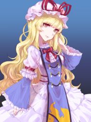 Rule 34 | 1girl, blonde hair, blue background, bow, breasts, closed mouth, dress, gradient background, hand in own hair, hat, hat ribbon, highres, long hair, looking at viewer, medium breasts, mob cap, puffy sleeves, ribbon, sa haru, solo, tabard, touhou, white dress, wide sleeves, yakumo yukari, yellow eyes