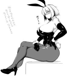 Rule 34 | 1girl, animal ears, ass, bare shoulders, breasts, fake animal ears, fate/grand order, fate (series), greyscale, hand on own hip, high heels, jeanne d&#039;arc (fate), jeanne d&#039;arc alter (avenger) (fate), jeanne d&#039;arc alter (fate), large breasts, leotard, looking at viewer, monochrome, nia (0122), pantyhose, playboy bunny, rabbit ears, rabbit tail, short hair, simple background, sitting, solo, tail, thighs