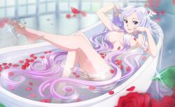1girl a-1_pictures adachi_shingo bath bathing bathtub blurry blurry_background breasts convenient_censoring depth_of_field dress falling_petals feet flower full_body hair_censor hair_ornament hair_over_breasts long_hair looking_at_viewer medium_breasts nude official_art open_mouth partially_submerged petals purple_eyes purple_hair quinella red_flower red_rose rose rose_petals smile solo sparkle standing sword_art_online sword_art_online:_alicization transparent_background very_long_hair water wet wet_hair