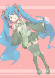 Rule 34 | 1girl, ahoge, alternate hair color, awl, black thighhighs, blue eyes, blue hair, boots, detached sleeves, hand on another&#039;s chest, hand on own chest, hatsune miku, highres, long hair, matching hair/eyes, necktie, pinching sleeves, simple background, skirt, sleeves past wrists, solo, thigh boots, thighhighs, toaru awl, twintails, very long hair, vocaloid, zettai ryouiki