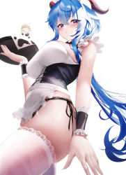 Rule 34 | 1girl, absurdres, alternate costume, animal print, apron, black panties, blue hair, blush, bottle, breasts, cow print, enmaided, fantongjun, frills, from below, ganyu (genshin impact), genshin impact, goat horns, hand up, highres, holding, holding tray, horns, lace, lace-trimmed legwear, lace-trimmed panties, lace trim, large breasts, long hair, looking at viewer, maid, maid apron, maid headdress, milk bottle, napkin, no pants, panties, parted lips, purple eyes, side-tie panties, sidelocks, simple background, solo, standing, thighhighs, tray, underwear, very long hair, wavy hair, white background, white thighhighs, wrist cuffs