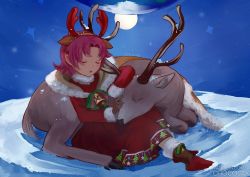 Rule 34 | 1girl, antlers, artist name, bell, boots, bow, brown gloves, cape, chocojax, closed eyes, dress, fae (fire emblem), fae (winter) (fire emblem), fire emblem, fire emblem: the binding blade, fire emblem heroes, fur trim, gloves, horns, long sleeves, nintendo, outdoors, parted lips, pointy ears, purple hair, reindeer, reindeer antlers, short hair, sitting, sky, sleeping, snow