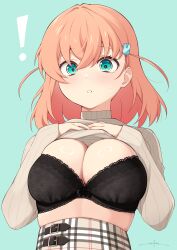 Rule 34 | !, 1girl, aqua background, aqua eyes, black bra, blush, bra, breasts, brown sweater, cleavage, clothes lift, commentary request, hair ornament, highres, hinoshita kaho, large breasts, lifting own clothes, link! like! love live!, long sleeves, looking at viewer, love live!, orange hair, plaid, plaid skirt, rabbit hair ornament, short hair, signature, simple background, skindentation, skirt, solo, sweat, sweater, sweater lift, turtleneck, turtleneck sweater, two side up, underwear, unsfrau, upper body