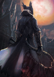 Rule 34 | 1boy, absurdres, blood, bloodborne, building, cloak, gloves, gun, haikei (le gris no9), hat, highres, holding, holding weapon, hunter (bloodborne), male focus, mask, moon, mouth mask, red eyes, saw, saw cleaver, short hair, sword, tricorne, weapon, white hair