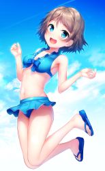 Rule 34 | 1girl, :d, bad id, bad pixiv id, bikini, bikini skirt, blue bikini, blue eyes, blue footwear, blush, breasts, cloud, cloudy sky, contrail, day, flip-flops, frilled bikini, frills, front-tie bikini top, front-tie top, grey hair, hands up, highres, jumping, kokkeina budou, kyouou ena, love live!, love live! sunshine!!, navel, open mouth, outdoors, sandals, short hair, sky, small breasts, smile, solo, swimsuit, watanabe you