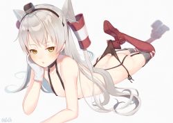 Rule 34 | 10s, 1girl, amatsukaze (kancolle), ass, black panties, brown eyes, gloves, hairband, kantai collection, lying, on stomach, panties, panty lift, side-tie panties, silver hair, solo, two side up, underwear, wedgie, you06