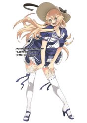Rule 34 | 1girl, :d, artist request, beta (joutarou), blonde hair, blue dress, blue ribbon, blush, bow, breasts, commentary, cosplay, dress, eyebrows, full body, garter straps, hair between eyes, hat, hat bow, high heels, historical name connection, impossible clothes, iowa (kancolle), iowa (pacific), iowa (pacific) (cosplay), kantai collection, lace, lace-trimmed dress, lace trim, large breasts, long hair, name connection, neckerchief, open mouth, pacific (kancolle), ribbon, ribbon-trimmed legwear, ribbon trim, sandals, short sleeves, smile, solo, star-shaped pupils, star (symbol), sun hat, symbol-shaped pupils, thighhighs, transparent background, very long hair, watermark, white background, white thighhighs, zettai ryouiki