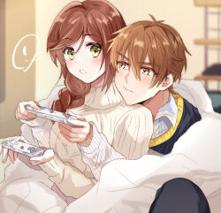Rule 34 | !, 1boy, 1girl, :o, bed sheet, bedroom, black pants, blue shirt, blue sweater, blurry, blurry background, brown eyes, brown hair, brown sweater, closed mouth, collared shirt, controller, green eyes, h haluhalu415, holding, holding controller, hug, hug from behind, indoors, long hair, long sleeves, looking at another, luke pearce (tears of themis), open mouth, pants, rosa (tears of themis), shirt, short hair, spoken exclamation mark, sweater, tears of themis, turtleneck, turtleneck sweater
