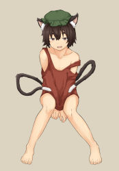 Rule 34 | 1girl, animal ear fluff, animal ears, barefoot, brown eyes, brown hair, cat ears, cat tail, chagamaka, chen, eyebrows hidden by hair, full body, hat, highres, mob cap, multiple tails, nekomata, red tank top, short hair, solo, strap slip, tail, tank top, thick eyebrows, touhou, two tails