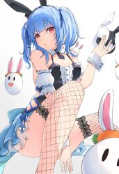 Rule 34 | 1girl, absurdres, animal, animal ears, animal on shoulder, black dress, black necktie, blue hair, breasts, detached sleeves, don-chan (usada pekora), dress, fake animal ears, fishnet thighhighs, fishnets, hat, highres, holding, holding mask, hololive, looking at viewer, mask, medium hair, mini hat, mini top hat, multicolored hair, necktie, official alternate costume, pekomon (usada pekora), puffy detached sleeves, puffy short sleeves, puffy sleeves, rabbit ears, rabbit mask, red eyes, saico isshin, short necktie, short sleeves, small breasts, thighhighs, top hat, twintails, two-tone hair, usada pekora, usada pekora (furi furi bunny dress), virtual youtuber, white hair