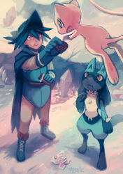Rule 34 | 1boy, aonik, black eyes, black hair, brown eyes, chocolate, commentary, creatures (company), english commentary, eye contact, flower, food, game freak, gen 1 pokemon, gen 4 pokemon, happy, hat, holding, holding food, legendary pokemon, looking at another, looking up, lucario, male focus, mew (pokemon), mythical pokemon, nintendo, pants, pokemon, pokemon: lucario and the mystery of mew, pokemon (anime), pokemon (creature), pokemon rse (anime), rock, shoelaces, signature, sir aaron, spiked hair, standing