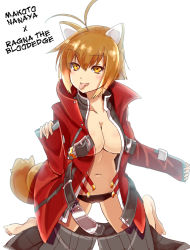 Rule 34 | 1girl, ahoge, animal ears, barefoot, belt, blazblue, blush, breasts, brown eyes, brown hair, cleavage, cosplay, hard-translated, jacket, large breasts, luxima, makoto nanaya, multicolored hair, open clothes, open jacket, panties, pants, ragna the bloodedge, ragna the bloodedge (cosplay), smile, solo, squirrel ears, squirrel tail, tail, third-party edit, tongue, translated, two-tone hair, underwear