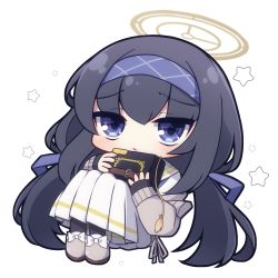 Rule 34 | 1girl, black hair, black pantyhose, blue archive, blue eyes, blue hairband, blush, book, bow, chibi, closed mouth, commentary request, full body, grey footwear, grey jacket, hair between eyes, hairband, halo, highres, holding, holding book, jacket, knees up, long hair, long skirt, long sleeves, looking at viewer, off shoulder, open clothes, open jacket, pantyhose, pleated skirt, puffy long sleeves, puffy sleeves, rensei, sailor collar, school uniform, serafuku, shirt, simple background, sitting, skirt, slippers, solo, star (symbol), starry background, ui (blue archive), very long hair, white background, white bow, white sailor collar, white serafuku, white shirt, white skirt