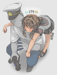 Rule 34 | 1boy, 1girl, admiral (kancolle), artist logo, artist name, black sailor collar, black skirt, blush, brown hair, commentary request, controller, ergot, faceless, faceless male, fubuki (kancolle), fubuki kai ni (kancolle), green eyes, grey background, hat, hetero, highres, hug, hug from behind, jewelry, kantai collection, low ponytail, medium hair, peaked cap, playstation controller, pleated skirt, pout, ring, sailor collar, school uniform, serafuku, short sleeves, sidelocks, signature, simple background, skirt, slippers