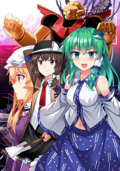 Rule 34 | 3girls, :d, bare shoulders, black hat, black skirt, blonde hair, blue eyes, blue skirt, blush, bow, breasts, brown coat, brown eyes, brown hair, coat, commentary request, cowboy shot, detached sleeves, dress, e.o., fedora, frills, frog hair ornament, from side, green hair, hair bow, hair ornament, hair tubes, hat, hat bow, highres, hisou tensoku, holding, kochiya sanae, lace trim, large breasts, lips, long hair, long sleeves, looking at viewer, maribel hearn, mecha, medium breasts, mob cap, multiple girls, navel, necktie, open clothes, open coat, open mouth, petticoat, profile, purple dress, red eyes, red neckwear, robot, shirt, short hair, skirt, smile, snake hair ornament, standing, touhou, upper body, usami renko, v-shaped eyebrows, white bow, white hat, white shirt, wide sleeves, wing collar