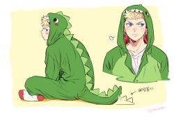 Rule 34 | &gt;:(, 1boy, ace of diamond, afterimage, arrow (symbol), back, bad id, bad pixiv id, blonde hair, blue eyes, blush, blush stickers, closed mouth, dinosaur costume, frown, fume, hood, korean text, long sleeves, looking at viewer, looking away, looking to the side, male focus, multiple views, narumiya mei, ninee, nishita, no shoes, outside border, shirt, sideways glance, sigh, sitting, socks, soles, t-shirt, tail, tail wagging, twitter username, v-shaped eyebrows, yellow background