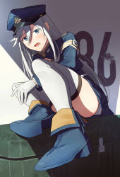 Rule 34 | 1girl, 86 -eightysix-, armband, bad id, bad pixiv id, blue eyes, blue footwear, blue jacket, blue skirt, blush, boots, copyright name, crate, full body, gloves, hair between eyes, hat, highres, jacket, knee up, long hair, looking at viewer, military, military hat, military uniform, open mouth, shadow, shoes, sitting, skirt, solo, straight hair, sweatdrop, thighhighs, thighs, uniform, vladilena millize, white gloves, white hair, white thighhighs, yakisobaosu, zettai ryouiki