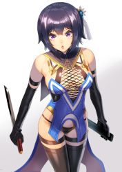 Rule 34 | 1girl, :o, arm strap, bare shoulders, black gloves, black panties, black thighhighs, breasts, cleavage, cowboy shot, elbow gloves, fishnets, gloves, gradient background, grey background, hair bobbles, hair ornament, holding, holding sword, holding weapon, looking at viewer, medium breasts, ogino (oginogino), open mouth, original, panties, purple eyes, purple hair, revision, scabbard, sheath, short hair, solo, standing, sword, thigh strap, thighhighs, underwear, unsheathed, weapon