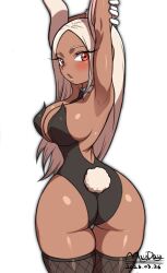 Rule 34 | 1girl, absurdres, animal ears, armpits, arms up, ass, black leotard, blush, boku no hero academia, breasts, cleavage, covered navel, dark-skinned female, dark skin, dated, detached collar, fishnet thighhighs, fishnets, gloves, high heels, highleg, highleg leotard, highres, large breasts, leotard, long hair, looking at viewer, looking back, maydaykiki, mirko, necktie, playboy bunny, rabbit ears, rabbit pose, rabbit tail, red eyes, simple background, solo, standing, tail, thigh gap, thighhighs, white background, white gloves