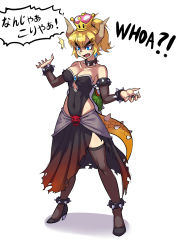 Rule 34 | 1girl, ^^^, armlet, bare shoulders, black dress, black footwear, blonde hair, blue eyes, blush, bowser logo, bowsette, bracelet, breasts, brown thighhighs, cleavage, collar, crown, dress, earrings, fingernails, full body, high heels, highres, horns, jewelry, large breasts, leotard, mario (series), nail polish, new super mario bros. u deluxe, nintendo, open mouth, pointy ears, ryuusei (mark ii), sharp fingernails, skirt, solo, spiked armlet, spiked bracelet, spiked collar, spikes, standing, super crown, surprised, thick eyebrows, thighhighs, torn clothes, torn skirt, white background