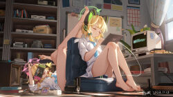 Rule 34 | 2girls, barefoot, blonde hair, blue archive, can, closed eyes, drink can, feet, geduan, highres, medium hair, midori (blue archive), momoi (blue archive), multiple girls, nintendo switch, soda can, soles, toes