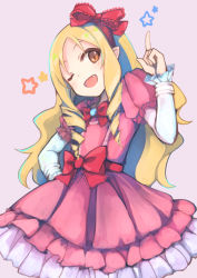Rule 34 | 10s, 1girl, ;d, beige background, blonde hair, blush, bow, brown eyes, cowboy shot, dress, eromanga sensei, fang, frills, hair bow, hair ribbon, highres, index finger raised, long hair, long sleeves, looking at viewer, one eye closed, open mouth, otogi kyouka, pink dress, pointing, pointing up, red bow, red ribbon, ribbon, ringlets, simple background, smile, solo, star (symbol), wavy hair, yamada elf