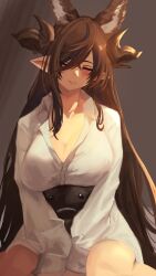 Rule 34 | 1girl, absurdres, animal ears, blush, breasts, brown hair, cero421, cleavage, closed mouth, collared shirt, corset, facing viewer, feet out of frame, galleon (granblue fantasy), granblue fantasy, hair between eyes, highres, horns, large breasts, long hair, long sleeves, multicolored hair, pointy ears, shirt, sitting, solo, streaked hair, v arms, wariza, white shirt