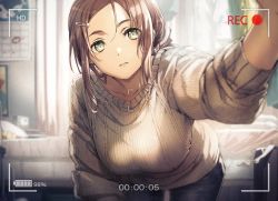 Rule 34 | 1girl, bed, bent over, brown hair, bunbun, collarbone, curtains, denim, green eyes, hair ornament, hairclip, highres, indoors, jeans, long sleeves, looking at viewer, medium hair, original, pants, plant, solo, sweater, white sweater
