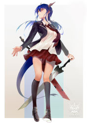 Rule 34 | 1girl, absurdres, alternate costume, arknights, black footwear, black jacket, black socks, blazer, blue hair, breasts, ch&#039;en (arknights), closed mouth, collared shirt, commentary, dragon horns, dragon tail, full body, hair between eyes, hand on hilt, highres, horns, jacket, kneehighs, long hair, long sleeves, lungmen logo, medium breasts, miniskirt, necktie, open clothes, open jacket, orange eyes, pleated skirt, red necktie, red skirt, school uniform, shidai, shirt, shoes, simple background, skirt, socks, solo, sword, tail, thighs, twintails, uniform, weapon, white background, white shirt, wing collar