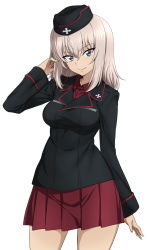 Rule 34 | 1girl, black hat, black jacket, blue eyes, closed mouth, commentary request, cowboy shot, dress shirt, garrison cap, girls und panzer, hand in own hair, hat, highres, insignia, itsumi erika, jacket, kuromorimine military uniform, long sleeves, looking at viewer, medium hair, military, military hat, military uniform, miniskirt, nakahira guy, partial commentary, pleated skirt, red shirt, red skirt, shirt, silver hair, simple background, skirt, smile, solo, standing, uniform, white background, wing collar