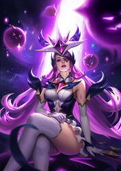 Rule 34 | 1girl, absurdres, bare shoulders, breasts, crossed legs, dailiangzueiai, elbow gloves, eyepatch, eyeshadow, facial mark, frilled skirt, frills, gem, gloves, hair ornament, highres, league of legends, long hair, looking at viewer, magical girl, makeup, medium breasts, night, night sky, official alternate costume, official alternate hairstyle, one eye covered, outdoors, parted lips, pink lips, purple eyes, purple eyeshadow, purple hair, skirt, sky, solo, star guardian (league of legends), star guardian pet, star guardian syndra, syndra, thighhighs, very long hair, white gloves