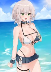 Rule 34 | 1girl, absurdres, aneal (syuuumaeee), bikini, bikini skirt, blue bikini, blue skirt, blue sky, blush, breast suppress, breasts, cleavage, cloud, cloudy sky, commentary, cowboy shot, crossed bangs, green eyes, hair between eyes, highleg, highleg bikini, highleg swimsuit, highres, hololive, large breasts, lens flare, looking at viewer, microskirt, mole, mole on breast, navel, ocean, official alternate costume, open mouth, outdoors, pleated skirt, shirogane noel, shirogane noel (summer 2020), short hair, silver hair, skindentation, skirt, sky, smile, solo, standing, stomach, string bikini, sunlight, swimsuit, thigh strap, thighs, two-tone bikini, virtual youtuber, white bikini, wrist cuffs