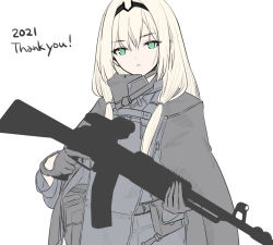 Rule 34 | 1girl, 2021, an-94, an-94 (girls&#039; frontline), assault rifle, black gloves, blonde hair, girls&#039; frontline, gloves, green eyes, gun, hairband, holding, holding gun, holding weapon, ingerdoll, long hair, looking at viewer, rifle, solo, tactical clothes, thank you, upper body, weapon, white background