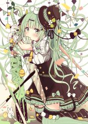 Rule 34 | 1girl, ahoge, asymmetrical legwear, black bow, black hat, black ribbon, black skirt, black thighhighs, blush, bow, breasts, brown background, closed umbrella, commentary request, covered mouth, flower, food, frilled skirt, frills, gloves, gradient background, green bow, green eyes, green hair, green thighhighs, green umbrella, hair ornament, hair ribbon, hairclip, hands up, hat, highres, ice cream, kneeling, long hair, looking at viewer, mint chocolate, mismatched legwear, original, pennant, personification, puffy short sleeves, puffy sleeves, ribbon, sakura oriko, shirt, short sleeves, skirt, small breasts, solo, string of flags, thighhighs, top hat, twintails, umbrella, very long hair, white background, white bow, white flower, white gloves, white shirt, x hair ornament