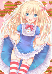 Rule 34 | 1girl, blonde hair, blue dress, blue eyes, bow, dress, eyes visible through hair, garter straps, go-1, hair bow, heart, highres, long hair, looking at viewer, open mouth, original, pink bow, skirt hold, solo, striped clothes, striped thighhighs, thighhighs