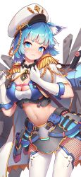 Rule 34 | 1girl, :t, aiguillette, animal ears, blue eyes, blue hair, breasts, cat ears, catxuan, cleavage, epaulettes, gloves, hat, highres, original, riding crop, solo