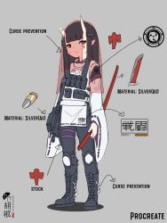 Rule 34 | 1girl, arrow (symbol), black footwear, black hair, black pants, boots, bullet, bullpup, closed mouth, clothes writing, commentary request, diagonal stripes, english text, facial mark, full body, grey background, gun, highres, holding, holding gun, holding weapon, horns, kuro kosyou, long sleeves, looking at viewer, mitsudomoe (shape), oni, oni horns, original, p90, pants, personal defense weapon, red eyes, see-through, shadow, shikigami, solo, standing, striped, submachine gun, tomoe (symbol), veil, weapon, wide sleeves