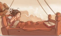 Rule 34 | 1girl, animated, animated gif, bed, bed sheet, blue eyes, breasts, brown hair, camisole, cloud, david revoy, folded clothes, hat, lowres, medium hair, non-web source, open mouth, pillow, rope, solo, witch hat