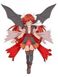 Rule 34 | 1girl, bat wings, black thighhighs, closed eyes, full body, highres, horns, long hair, mikaboshi mumumu, original, outstretched arms, pointy ears, red hair, scarf, shawl, shoes, skirt, solo, spread arms, tan, teitoku, the last comer, thighhighs, transparent background, white background, wings, wrist cuffs