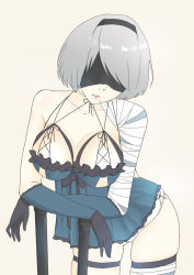 Rule 34 | 1girl, asymmetrical clothes, bad id, bad pixiv id, bandaged arm, bandaged leg, bandages, bare shoulders, black gloves, black hairband, black ribbon, blindfold, blue dress, breasts, brown thighhighs, cleavage, collarbone, cosplay, covered eyes, cowboy shot, dress, elbow gloves, frilled panties, frills, gloves, gluteal fold, grey hair, hairband, highres, kaine (nier), kaine (nier) (cosplay), large breasts, leaning forward, leaning on object, legs apart, lingerie, lips, looking at viewer, medium breasts, mole, mole under mouth, negligee, nier, nier:automata, nier (series), nose, panties, pink lips, ribbon, sash, short hair, simple background, solo, standing, strap gap, swept bangs, sword, takeya (pixiv6774655), thighhighs, underwear, weapon, white panties, 2b (nier:automata)