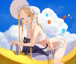 Rule 34 | 1girl, abigail williams (fate), abigail williams (swimsuit foreigner) (fate), abigail williams (swimsuit foreigner) (third ascension) (fate), balloon, banana boat, bare shoulders, bikini, black cat, blonde hair, blue eyes, blue sky, blush, bonnet, bow, breasts, cat, fate/grand order, fate (series), forehead, hair bow, highres, long hair, looking at viewer, miniskirt, navel, open mouth, parted bangs, sidelocks, siu hing5262, skirt, sky, small breasts, smile, solo, swimsuit, thighs, twintails, very long hair, white bikini, white bow, white headwear